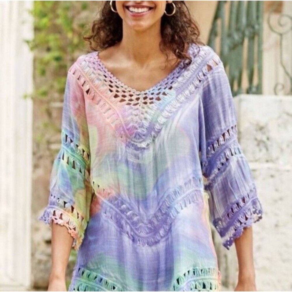 Soft Surroundings Women L Tunic Top Pastel Crochet Tie Dye Rainbow Boho Swim